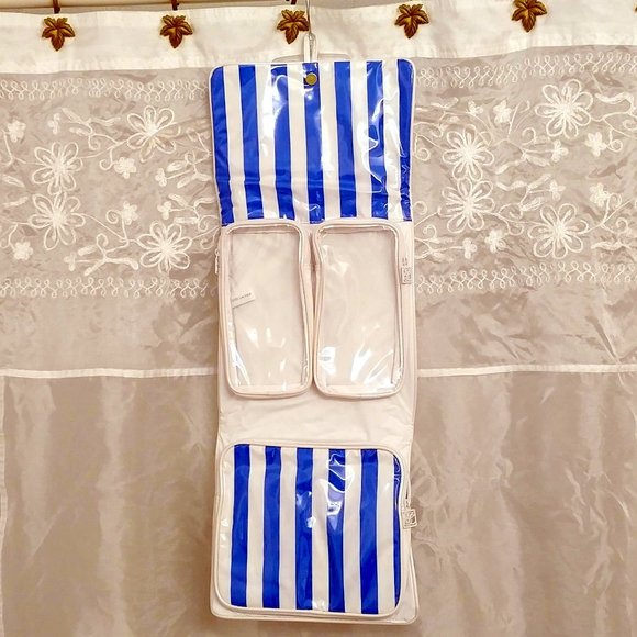 NWOT Estee Lauder Vinyl Travel Case, Blue & White Stripes - Picture 3 of 9